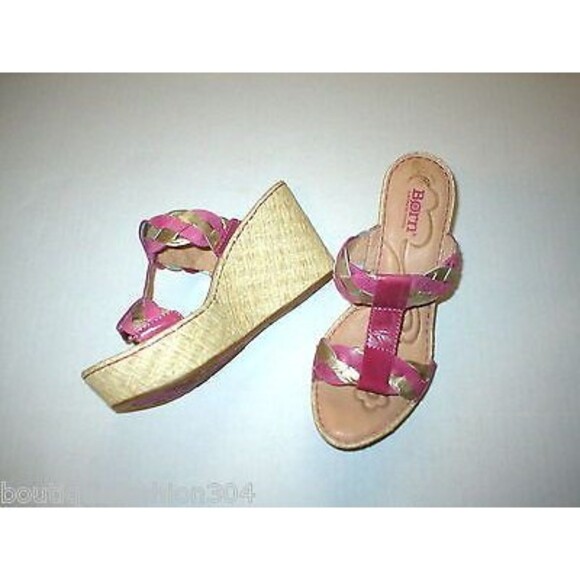 New Womens 9 Born Sandals Shoes Wedge Pink Comfort Gold Tan Braid Barstow Metall
